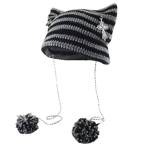 Nokiwiqis Damen Cat Beanie Katzenohren Crochet Slouchy Mütze mit Pompons für Frauen Mädchen Winter Warm Knitted Hat Y2k Vinatge Grunge Accessoires (Schwarz Grau, One Size) von Nokiwiqis