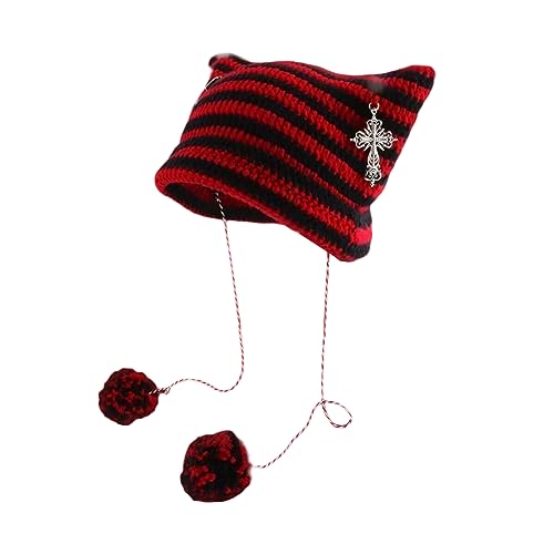 Nokiwiqis Damen Cat Beanie Katzenohren Crochet Slouchy Mütze mit Pompons für Frauen Mädchen Winter Warm Knitted Hat Y2k Vinatge Grunge Accessoires (Schwarz Rot, One Size) von Nokiwiqis