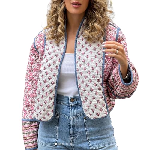 Nokiwiqis Damen Cropped Puffer Jacke Vintage Floral Open Front Puffy Cardigan Mantel Leichte Langarm Gepolstert Steppjacke Kurz Pufferjacke Oberbekleidung (Rosa, M) von Nokiwiqis