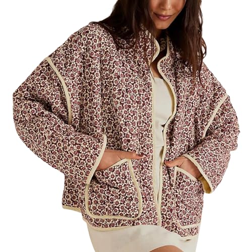 Nokiwiqis Damen Cropped Puffer Jacke Vintage Floral Open Front Puffy Cardigan Mantel Leichte Langarm Gepolstert Steppjacke Kurz Pufferjacke Oberbekleidung (Weinrot, L) von Nokiwiqis