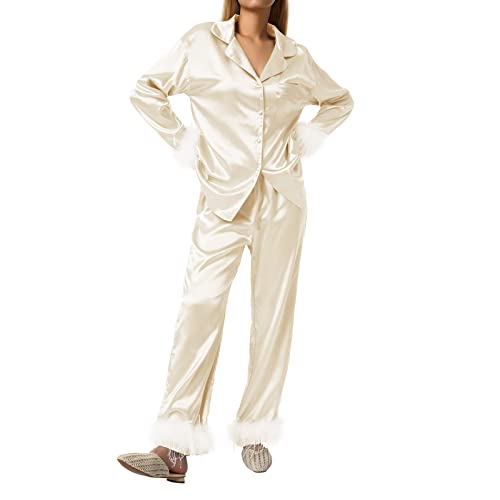 Nokiwiqis Damen Federn Silk Satin Pyjama Set Langarm V-Ausschnitt Knopfleiste Oberteile und Hose Solide Schlafanzug Hausanzug Zweiteiliger Nachtwäsche Loungewear (Champagne, M) von Nokiwiqis