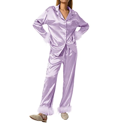 Nokiwiqis Damen Federn Silk Satin Pyjama Set Langarm V-Ausschnitt Knopfleiste Oberteile und Hose Solide Schlafanzug Hausanzug Zweiteiliger Nachtwäsche Loungewear (Lila, L) von Nokiwiqis