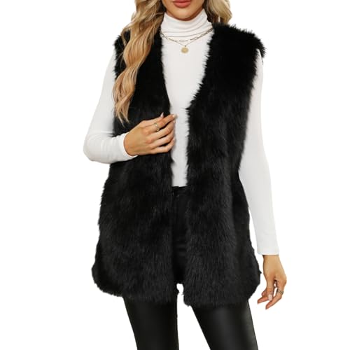 Nokiwiqis Damen Flauschig Fellweste Ärmellos Kunstpelz Weste Elegant Kunstfell Mantel Jacke Faux Pelz Warm Herbst Winterjacke Fell Mäntel Outwear (Schwarz, M) von Nokiwiqis