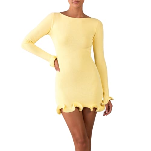 Nokiwiqis Damen Langarm Strickkleid Rüschen Saum U-Boot-Ausschnitt Figurbetontes Pulloverkleid Elegant Kurzes Party Club Minikleid (Gelb, S) von Nokiwiqis