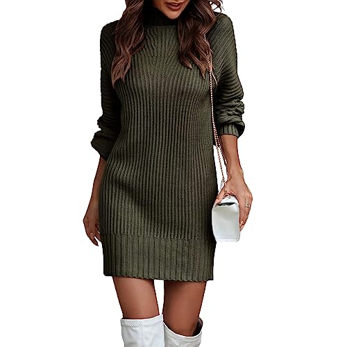 Nokiwiqis Damen Rollkragen Strickkleid Elegant Langarm Pulloverkleid Warme Winterkleid Pullikleid Herbst Winter Strickpullover Weich Freizeitkleid (Dunkelgrün, L) von Nokiwiqis