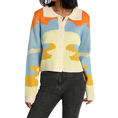 Nokiwiqis Damen Strickjacke Y2K Blumenstrick Pullover V-Ausschnitt Knopfleiste 90er Jahre Casual Loose Oberbekleidung Mantel Pullover, Blau 3, S von Nokiwiqis