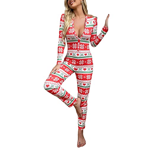Nokiwiqis Damen Weihnachten Einteiler Jumpsuit Sexy Bodycon V-Ausschnitt Pyjamas Onesie Overall Ganzkörperanzug Schlafanzug Hausanzug Freizeitanzug (Rot Weiß, M) von Nokiwiqis