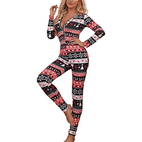 Nokiwiqis Damen Weihnachten Einteiler Jumpsuit Sexy Bodycon V-Ausschnitt Pyjamas Onesie Overall Ganzkörperanzug Schlafanzug Hausanzug Freizeitanzug (Schwarz, L) von Nokiwiqis