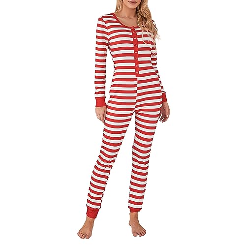 Nokiwiqis Damen Weihnachten Einteiler Pyjamas Jumpsuit Gestreift Button Kuscheliges Schlafanzug Sexy Bodycon Langarm Onesie Strampler Schlafoveralls (Rot-Weiß, M) von Nokiwiqis