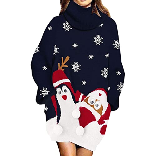 Nokiwiqis Damen Weihnachten Pulloverkleid Elegant Langarm Rollkragen Pullover Strickkleid Lose Lang Pullikleid Weihnachtskleid Winter Warm Strickpullover Kleid (Schwarz, One Size) von Nokiwiqis