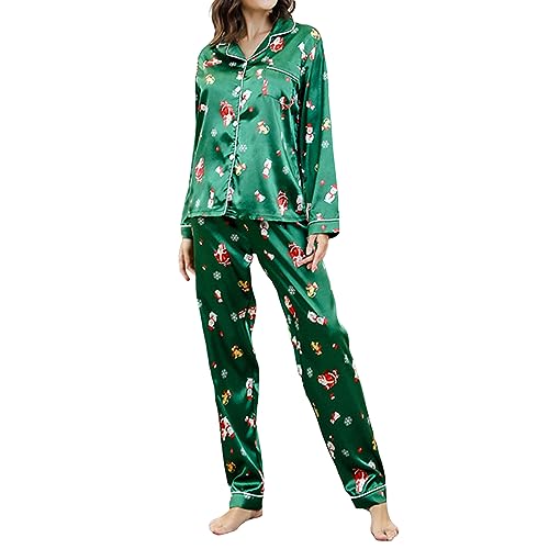 Nokiwiqis Damen Weihnachten Satin Lang Pyjama Set Zweiteiliger Schlafanzug Sleepwear Langarm Knopfleiste Oberteil und Hose Pjs Set Hausanzug Nachtwäsche (Grün, M) von Nokiwiqis