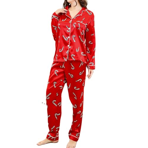 Nokiwiqis Damen Weihnachten Satin Lang Pyjama Set Zweiteiliger Schlafanzug Sleepwear Langarm Knopfleiste Oberteil und Hose Pjs Set Hausanzug Nachtwäsche (Rot Zuckerstange, M) von Nokiwiqis