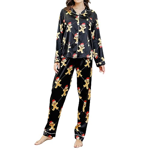 Nokiwiqis Damen Weihnachten Satin Lang Pyjama Set Zweiteiliger Schlafanzug Sleepwear Langarm Knopfleiste Oberteil und Hose Pjs Set Hausanzug Nachtwäsche (Schwarz, L) von Nokiwiqis