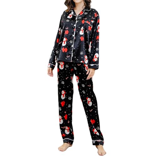 Nokiwiqis Damen Weihnachten Satin Lang Pyjama Set Zweiteiliger Schlafanzug Sleepwear Langarm Knopfleiste Oberteil und Hose Pjs Set Hausanzug Nachtwäsche (Schwarzer Schneemann, S) von Nokiwiqis