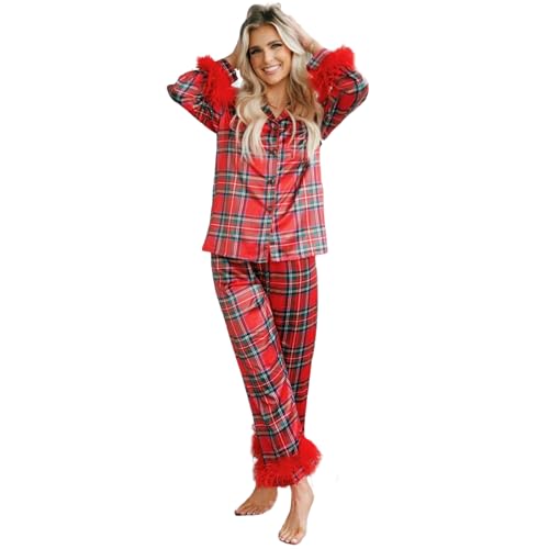 Nokiwiqis Damen Weihnachten Satin Pyjama Set mit Federn Langarm V-Ausschnitt Knopfleiste Oberteile und Hose Seide Schlafanzug Zweiteiliger Nachtwäsche Loungewear Hausanzug (Rot, S) von Nokiwiqis