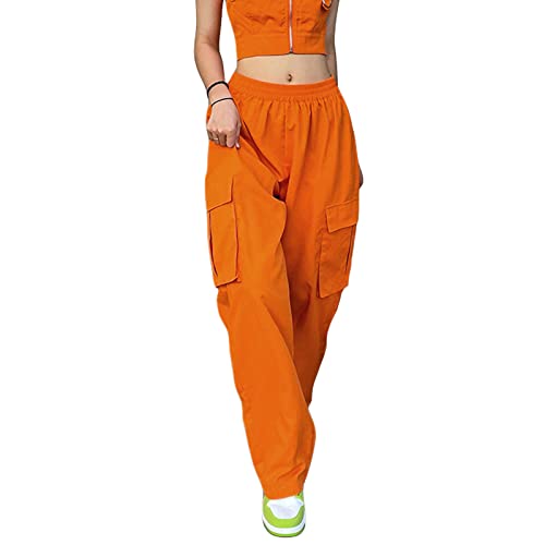 Nokiwiqis Damen Y2k Baggy Cargohose Teenager Mädchen High Waist Cargo Parachute Pants mit Multi Taschen Weites Bein Track Pants Sport Hose Streetwear (Orange, M) von Nokiwiqis