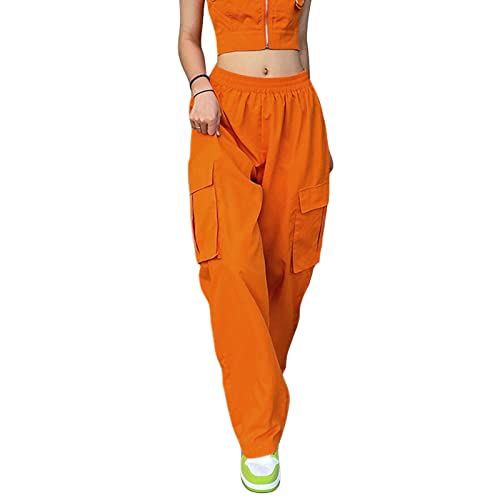 Nokiwiqis Damen Y2k Baggy Cargohose Teenager Mädchen High Waist Cargo Parachute Pants mit Multi Taschen Weites Bein Track Pants Sport Hose Streetwear (Orange, S) von Nokiwiqis