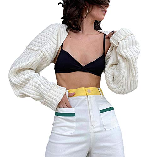 Nokiwiqis Damen Y2k Bolero Herbst Langarm Strick Strickjacke Frauen Cropped Offene Front Drop Shoulder Shrug Lässig Pullover (Weiß, One Size) von Nokiwiqis