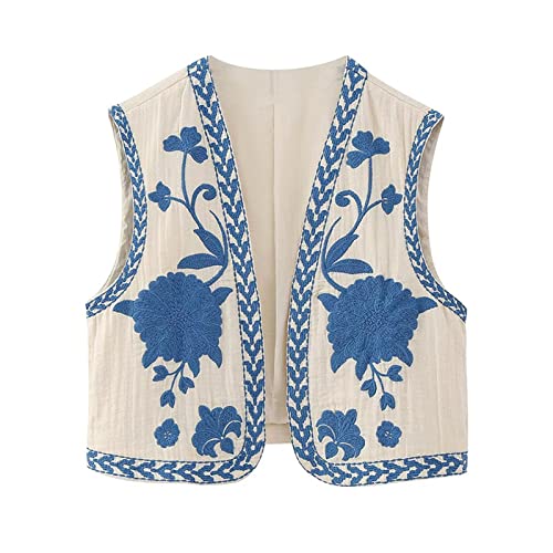 Nokiwiqis Damen Y2k Floral Bestickte Weste Top Vintage Open Front Boho Cardigan Gilet Casual Ärmellos Cropped Weste Oberbekleidung (Blau, L) von Nokiwiqis