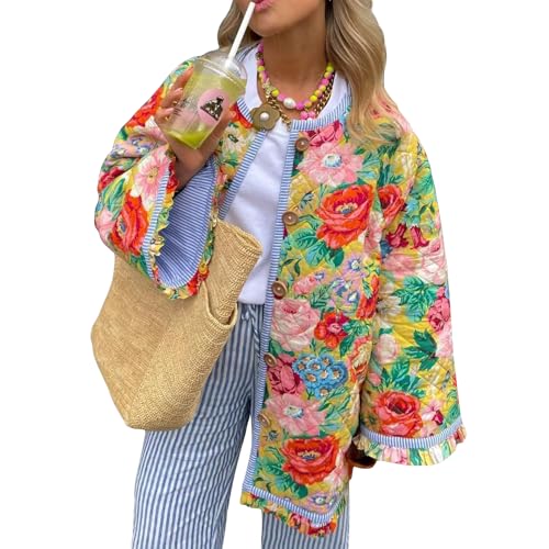 Nokiwiqis Damen Y2k Floral Puffer Jacke Langarm Gepolstert Mantel mit Knopfleiste Vintage Leichte Winterjacke Lose Pufferjacke Steppjacke Oberbekleidung (Bunte, L) von Nokiwiqis