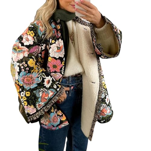 Nokiwiqis Damen Y2k Floral Puffer Jacke Langarm Gepolstert Mantel mit Knopfleiste Vintage Leichte Winterjacke Lose Pufferjacke Steppjacke Oberbekleidung (Schwarz, L) von Nokiwiqis