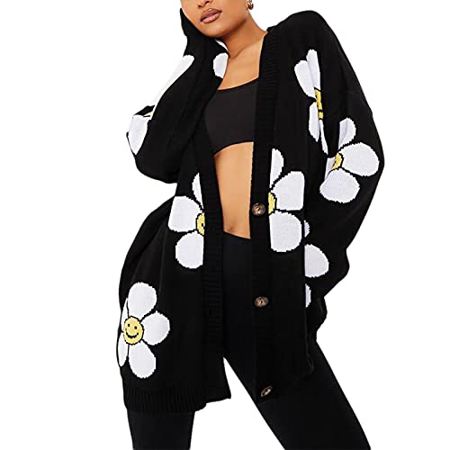 Nokiwiqis Damen Y2k Herz Blumen Print Strickjacke Strickpullover Langarm V-Ausschnitt Button Down Gestrickte Pullover Herbst Winter Warm Cardigan Strickmantel (Schwarz Blume, One Size) von Nokiwiqis