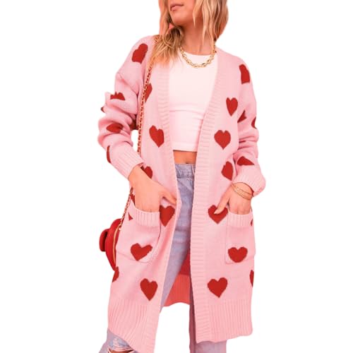 Nokiwiqis Damen Y2k Liebe Herz Druck Lange Strickjacke Valentinstag Open Front Gestrickte Pullover mit Taschen Herbst Winter Strick Cardigan Oberbekleidung (Rosa, S) von Nokiwiqis