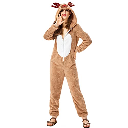 Nokiwiqis Erwachsen Kinder Weihnachten Rentier Kostüm Damen Mädchen Langarm Jumpsuit Pyjamas mit Kapuze Einteilig Overall Onesie Schlafanzug Nachtwäsche Karnevalkostüm (Khaki Damen, L) von Nokiwiqis