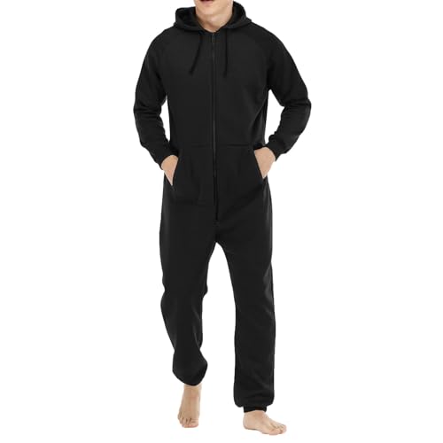 Nokiwiqis Herren Jumpsuit Sweat-Overall Einteiler Jogginganzug Trainingsanzug mit Reißverschluss und Kapuze Onesie Pyjamas Schlafanzüge Freizeitanzug Hausanzug (Schwarz, L) von Nokiwiqis