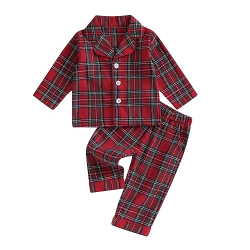 Nokiwiqis Kleinkind Baby Jungen Mädchen Kariert Weihnachten Pyjama Zweiteiliger Schlafanzug Sleepwear Langarm Knopfleiste Oberteil und Hose Pjs Set Hausanzug Nachtwäsche (Rot, 12-18 Months) von Nokiwiqis