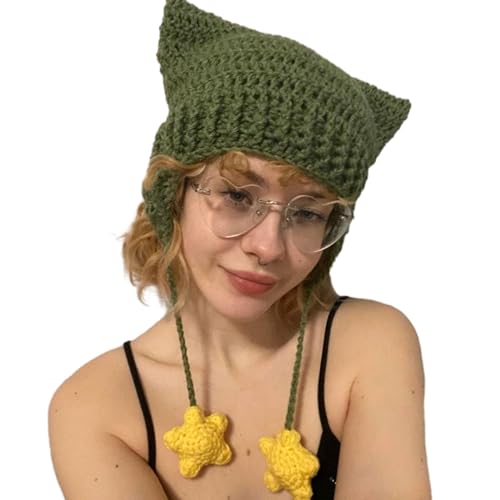 Nokiwiqis Y2k Cat Beanies für Damen Mädchen Cute Katzenohren Häkelmützen für Frauen Grunge Slouchy Vintage Beanie Winter Warm Fuchs Strickmütze Accessories (Dunkelgrün, One Size) von Nokiwiqis