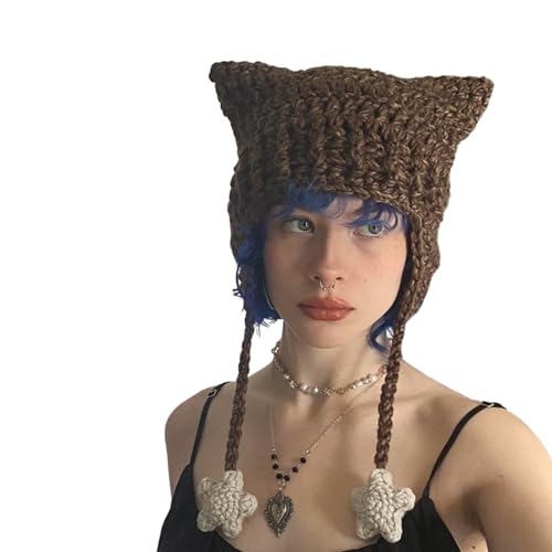 Nokiwiqis Y2k Cat Beanies für Damen Mädchen Cute Katzenohren Häkelmützen für Frauen Grunge Slouchy Vintage Beanie Winter Warm Fuchs Strickmütze Accessories (Kaffee, One Size) von Nokiwiqis