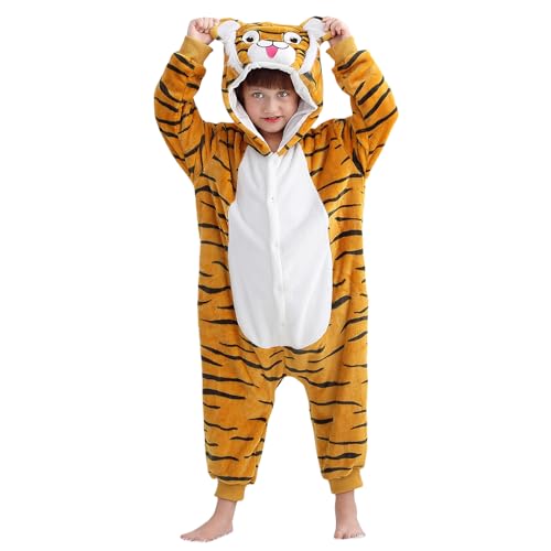 Unisex Kinder Tier Pyjamas Onesie Jungen Mädchen Schlafanzug Jumpsuit mit Kapuze Schlafoverall Nachtwäsche Cosplay Verkleidung Karneval Party Halloween Kostüm Outfit (Gelbe Tiger , 9-10 Years ) von Nokiwiqis