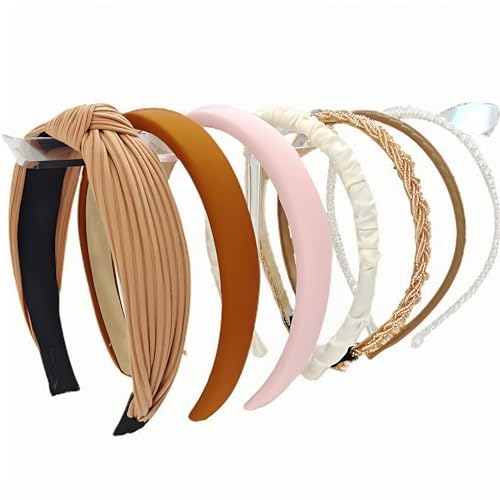 7 Stück Haarreifen Set Damen, Modische braune Stirnbänder mit Perlen, rutschfeste Haarbänder für dünnes und dickes Haar, ideal zum Gesichtwaschen – Haarschmuck und Geschenkideen für Frauen und Mädchen von Nokwocy