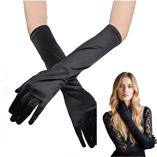 Nokwocy Lange Handschuhe Damen, Elegant, Satin, Klassische Abendhandschuhe, Erwachsene Größe Ellenbogen Handschuhe, 1920er Jahre Stil (Schwarz, lange) von Nokwocy