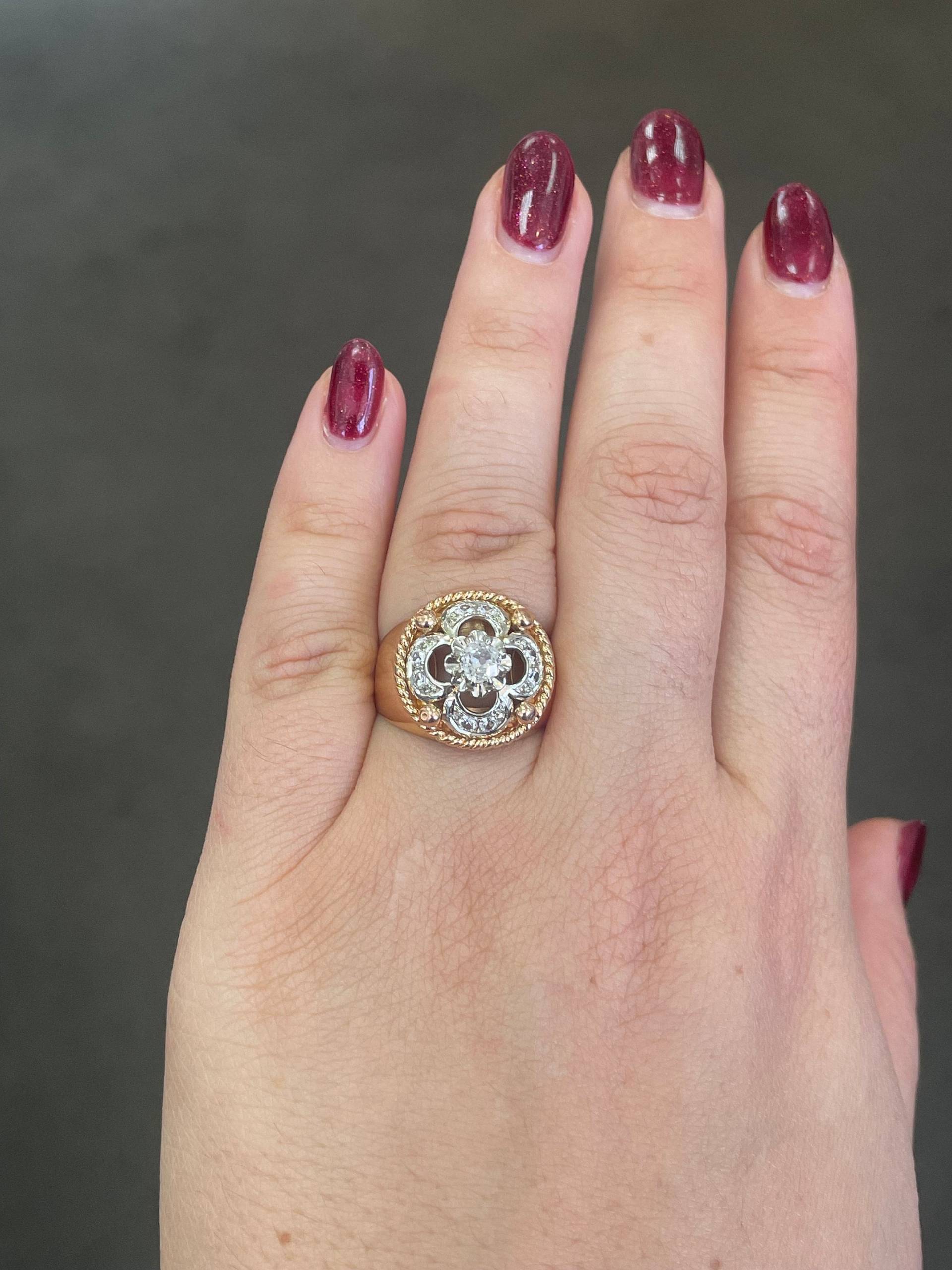 Nachlass Gold Dome Ring, Panzerring, Klobiger Roségoldring, 0, 3 Karat Naturdiamant Im Altschliff, 18K Roségold, Vintage Schmuck von NolaJewelryShop