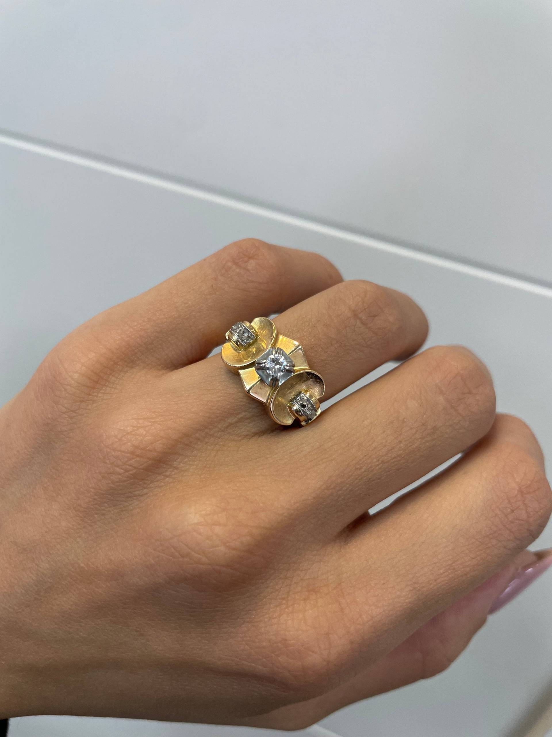 Vintage Gold Tank Ring, 0, 15 Karat Naturdiamant, 18 K Gelbgold, Schmuck, Handgemachter Statement Schmuck von NolaJewelryShop