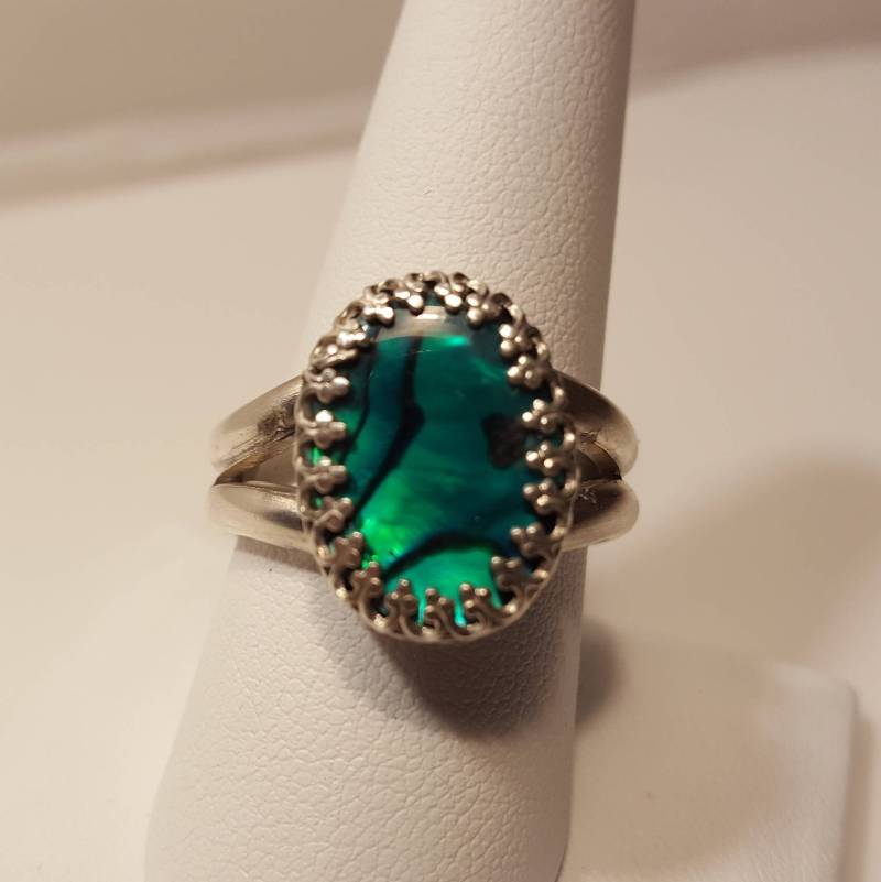 sterling Silber Abalone Ring in Einem Doppel Band, Größe 10 von NomarZinidStudio
