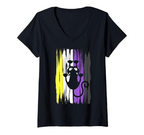 Damen Durchgeknallte Katze Nonbinary Pride Enby Humor Statement T-Shirt mit V-Ausschnitt Damen Durchgeknallte Katze Nonbinary Pride Enby Humor Statement T-Shirt mit V-Ausschnitt von Non Binary Pride Gift Ideas by Conreo
