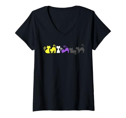 Damen Katzenreihe Nonbinary Pride Farben Enby LGBTQ Minimal Look T-Shirt mit V-Ausschnitt Damen Katzenreihe Nonbinary Pride Farben Enby LGBTQ Minimal Look T-Shirt mit V-Ausschnitt von Non Binary Pride Gift Ideas by Conreo