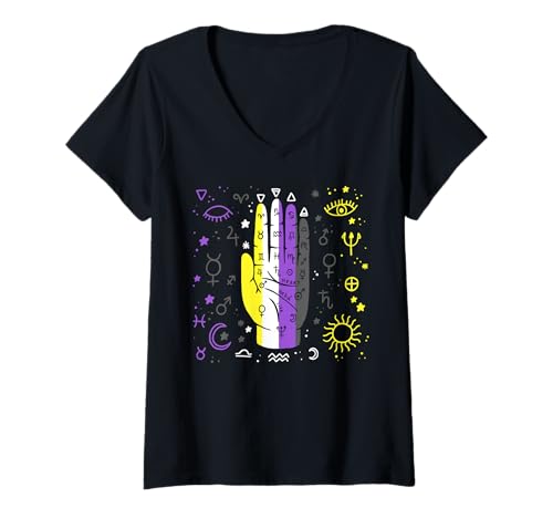Damen Nonbinary Pride Chiromantie Hand mit Astro Symbolen T-Shirt mit V-Ausschnitt Damen Nonbinary Pride Chiromantie Hand mit Astro Symbolen T-Shirt mit V-Ausschnitt von Non Binary Pride Gift Ideas by Conreo