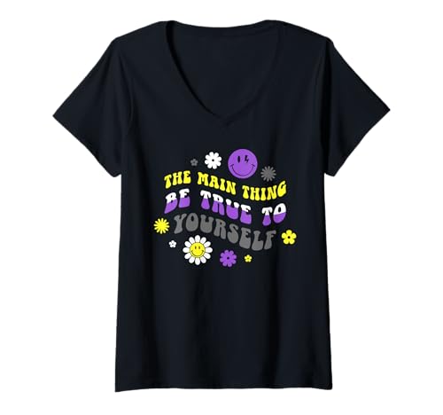 Damen Nonbinary Pride Farben Retro Enby LGBTQ Blüten Power T-Shirt mit V-Ausschnitt Damen Nonbinary Pride Farben Retro Enby LGBTQ Blüten Power T-Shirt mit V-Ausschnitt von Non Binary Pride Gift Ideas by Conreo