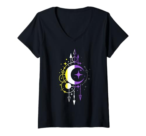 Damen Nonbinary Pride Flagge mit mystischem Mond Symbol T-Shirt mit V-Ausschnitt Damen Nonbinary Pride Flagge mit mystischem Mond Symbol T-Shirt mit V-Ausschnitt von Non Binary Pride Gift Ideas by Conreo