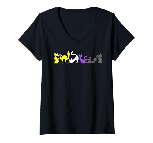 Damen Nonbinary Pride Katzen in Flaggenfarben LGBTQ Plus Motiv T-Shirt mit V-Ausschnitt Damen Nonbinary Pride Katzen in Flaggenfarben LGBTQ Plus Motiv T-Shirt mit V-Ausschnitt von Non Binary Pride Gift Ideas by Conreo