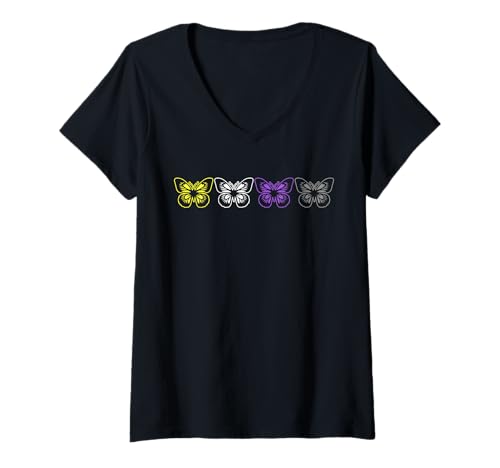 Damen Nonbinary Pride Schmetterlinge in Enby Farben Reihe T-Shirt mit V-Ausschnitt Damen Nonbinary Pride Schmetterlinge in Enby Farben Reihe T-Shirt mit V-Ausschnitt von Non Binary Pride Gift Ideas by Conreo
