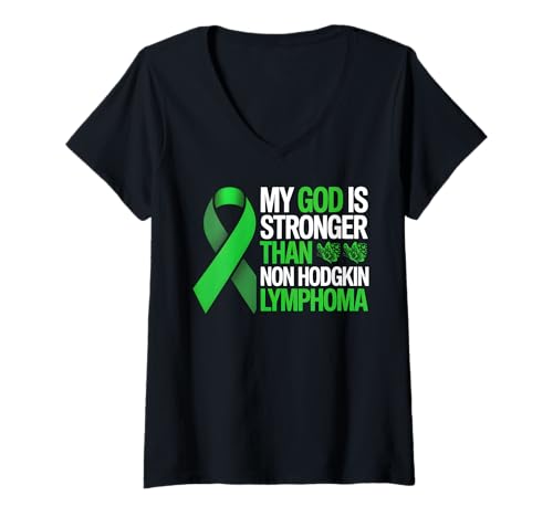 Damen Mein Gott ist stärker als das Bewusstsein für Non-Hodgkin-Lymphome T-Shirt mit V-Ausschnitt von Non Hodgkin Lymphoma Cancer Awareness & Apparel
