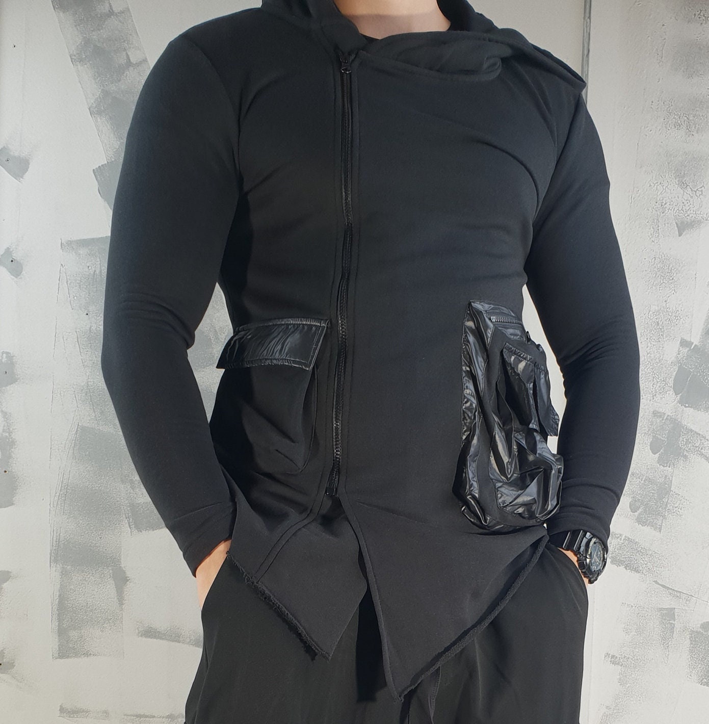 Extravagante Herren-Baumwolljacke, Plus Size Hoodie, Langarm-Herren-Hoodie, Baumwoll-Reißverschluss-Hoodie, Schwarze Baumwolle Herrenjacken von NonStandardDesign