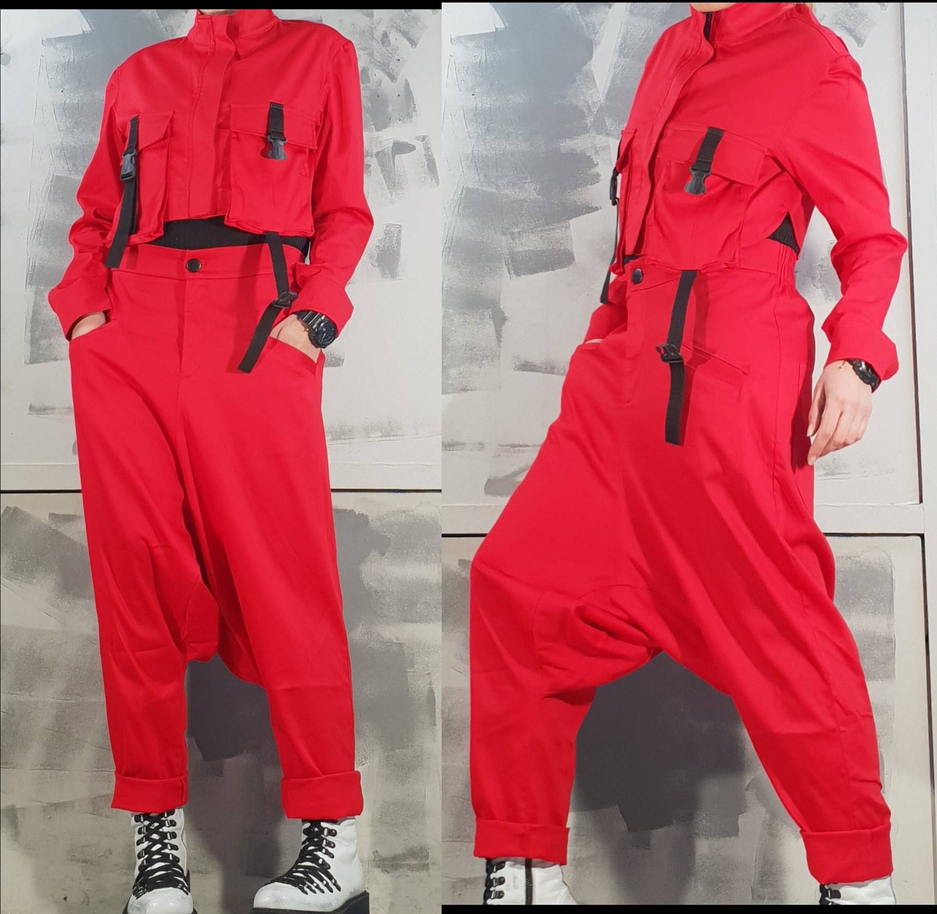 Haremshose, Avantgarde Set, Extravagante Hosenjacke, Rote Kurze Jacke, Drop Crotch Hose, Lässiges Frauen Set von NonStandardDesign