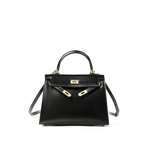 NonWoohdf Echtleder Henkeltasche, Damenhandtasche mit Schloss, Umhängetasche, Portemonnaie (Black,22CM) von NonWoohdf