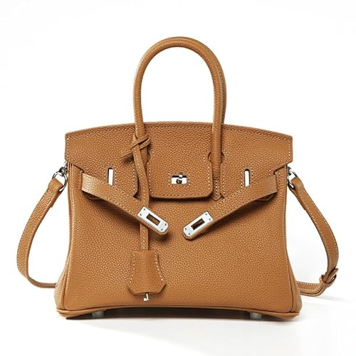 NonWoohdf Handgenähte Handtasche aus echtem Leder, Damen-Handtasche mit Schloss, Umhängetasche mit großem Fassungsvermögen, Silbernes Schloss (Biscuit,Medium) von NonWoohdf